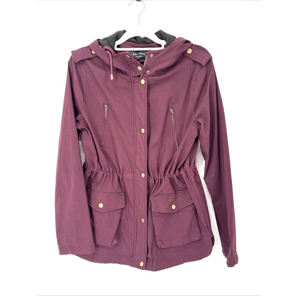 Eden Society Utility Jacket Large Burgundy Cargo Windbreaker Hooded Trench NWT
